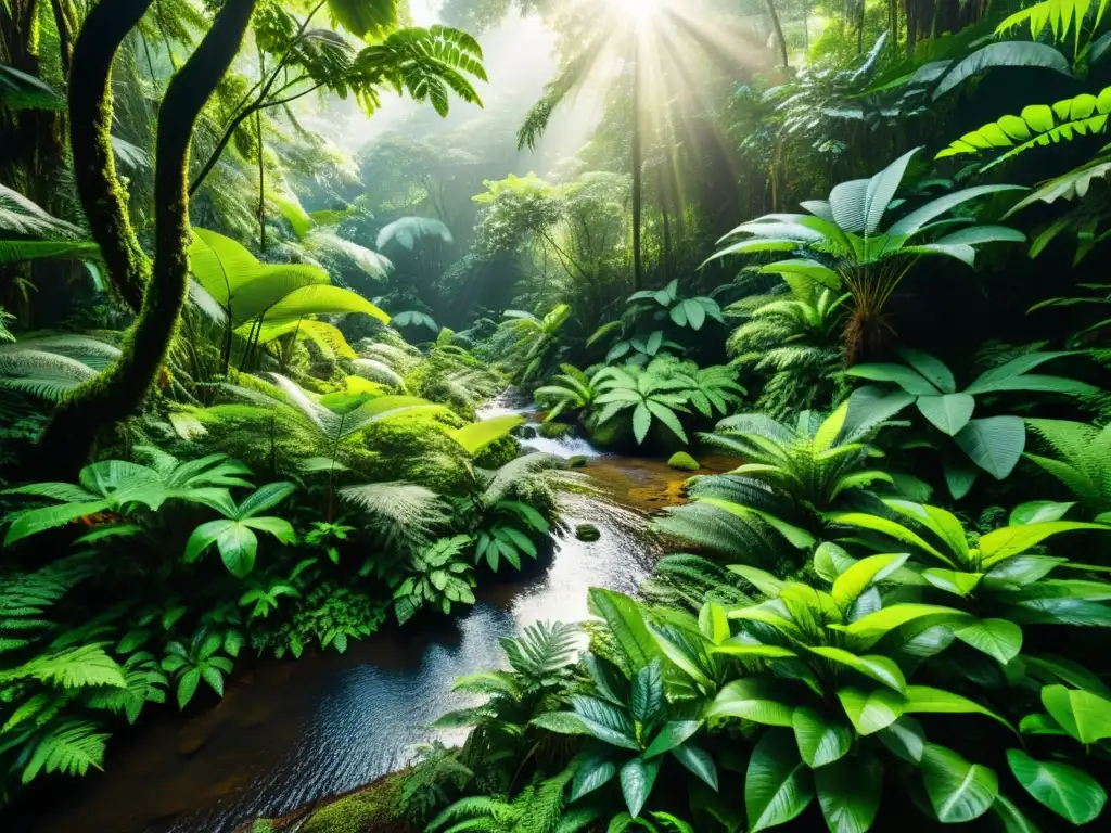 Una fotografía detallada en 8k de un exuberante bosque lluvioso, con una variedad de especies de plantas, un pequeño arroyo y una rica biodiversidad de insectos y aves