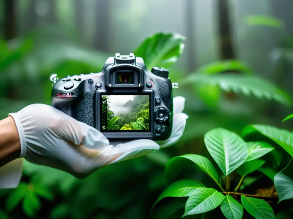 Un fotógrafo envuelve con cuidado su cámara en un protector impermeable en la selva tropical