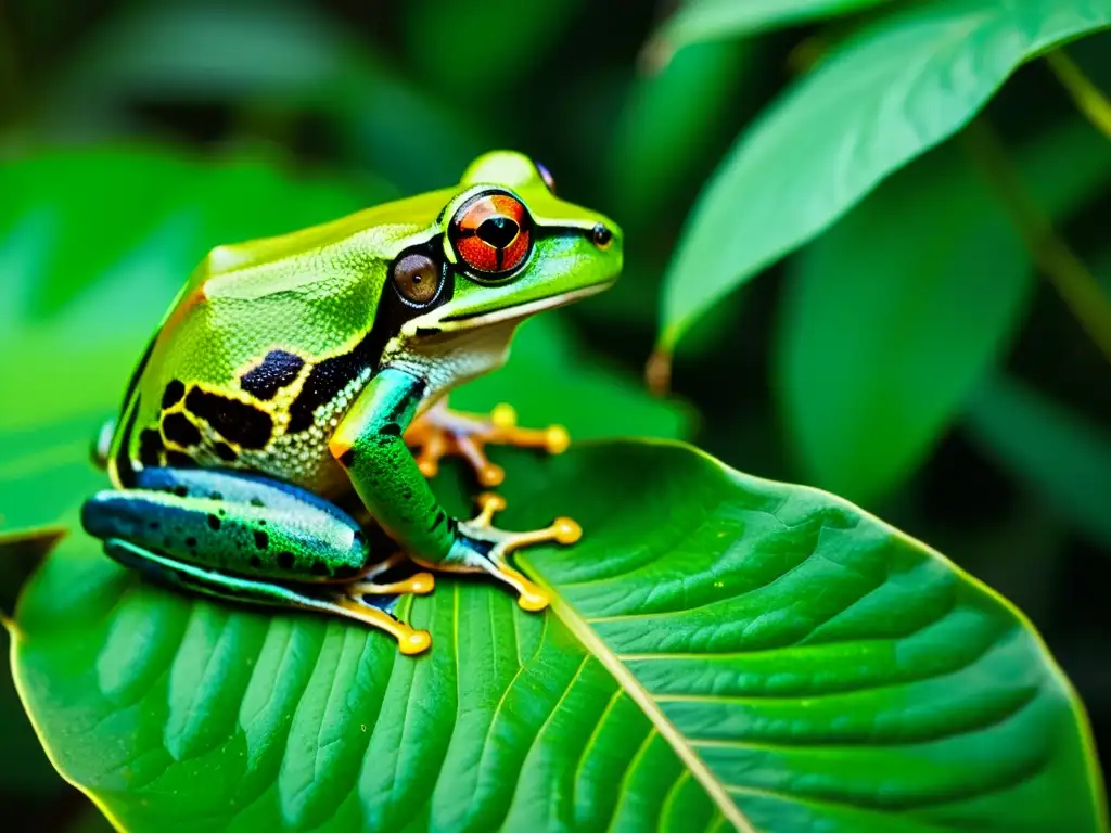 Concentración en la selva: fotógrafo captura rana en hoja Un fotógrafo se concentra en capturar una rana arbórea verde en la densa selva