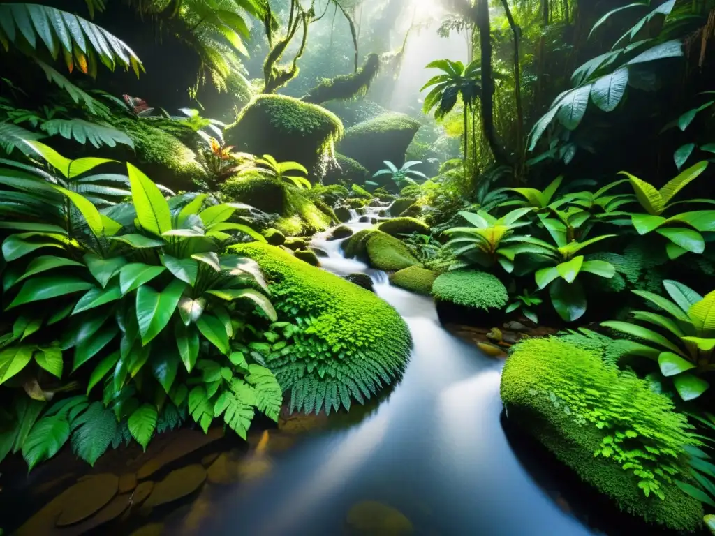 Un frondoso paisaje fragmentado de selva lluviosa, donde un arroyo cristalino serpentea entre la densa vegetación