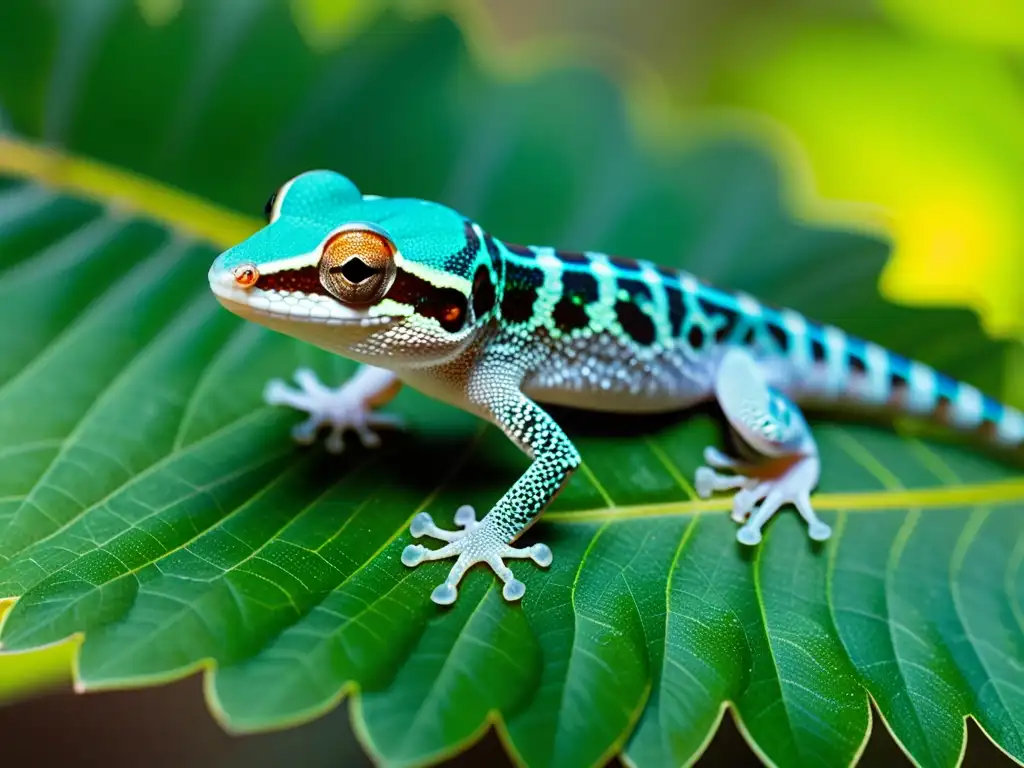 Un gecko detallado y colorido descansa en una hoja, su piel translúcida y escamas delicadas claramente visibles