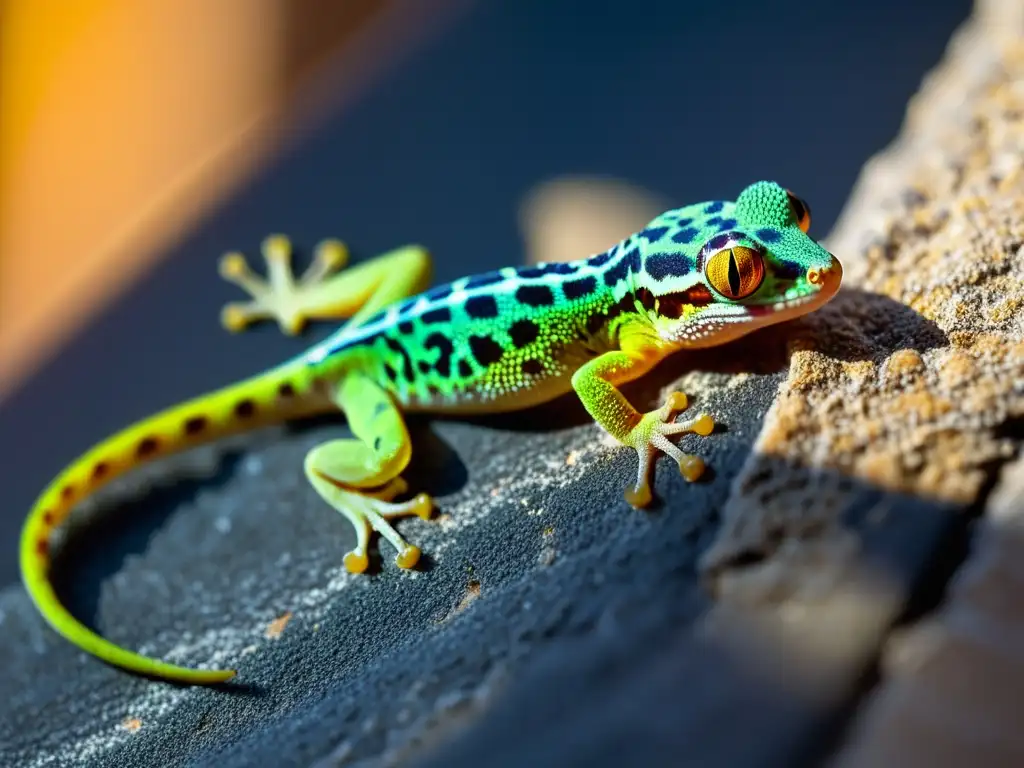 Un gecko mostrando su impacto en hábitat urbano, con patrones e iridiscencia en su piel, y ojos distintivos