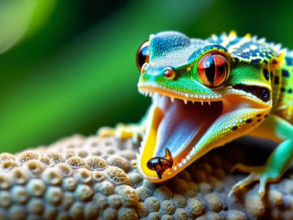 Un gecko capturando un insecto con su lengua, resaltando sus hábitos alimenticios y cuidados