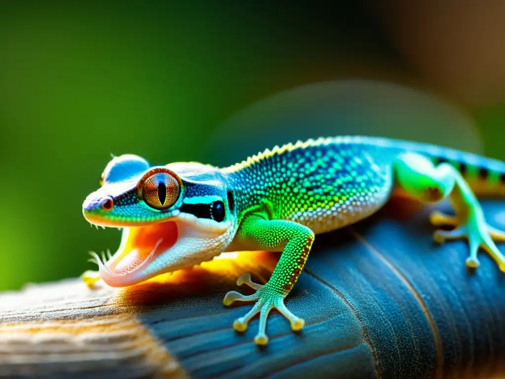 Un gecko capturando un insecto con su lengua membranosa