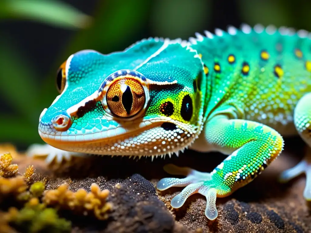 Un gecko nocturno con ojos brillantes bajo luz UV en su hábitat natural