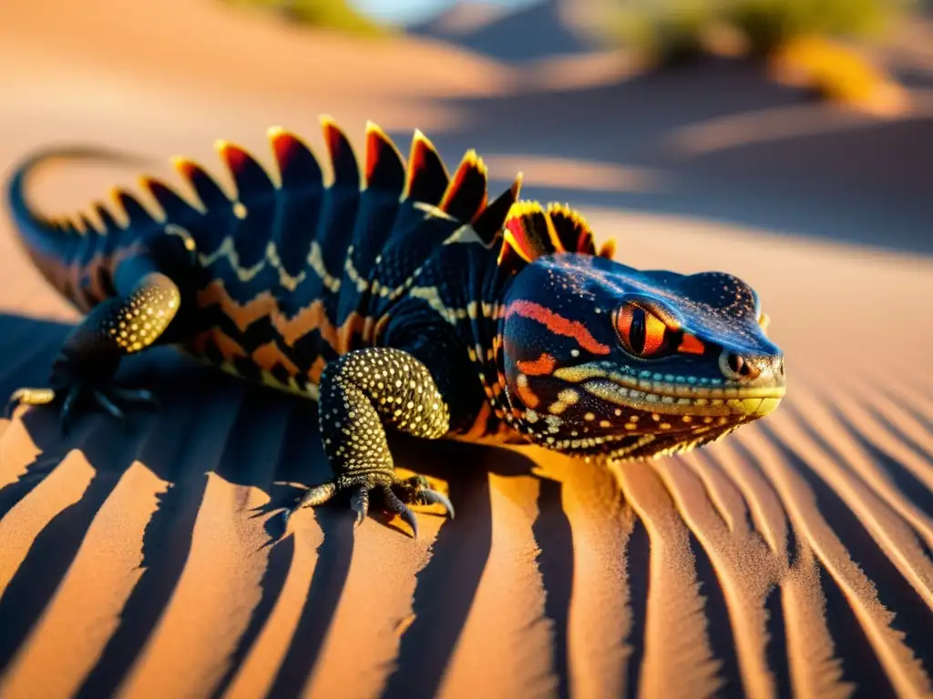 Un Gila monster se desplaza lentamente por el ardiente desierto, mostrando sus adaptaciones de reptiles en desiertos