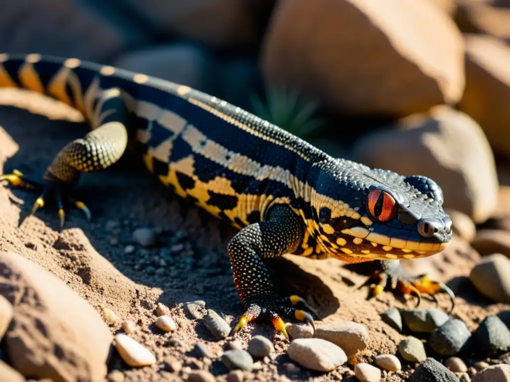 Un Gila monster se desplaza por el desierto rocoso, su piel texturizada y coloración vibrante se destacan