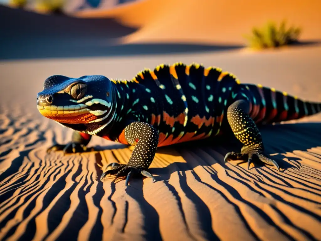 Un Gila monster se camufla en el suelo del desierto, mostrando sus adaptaciones