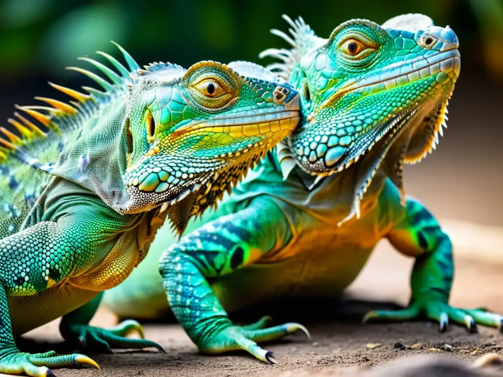 Dos grandes iguanas en una intensa exhibición de poder, con escamas detalladas y colores vibrantes