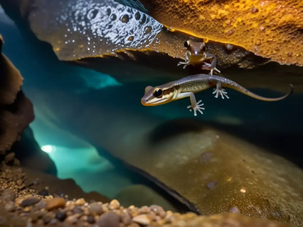 Un grupo de anfibios ciegos en una cueva oscura, mostrando su asombrosa adaptación a la vida en cavernas