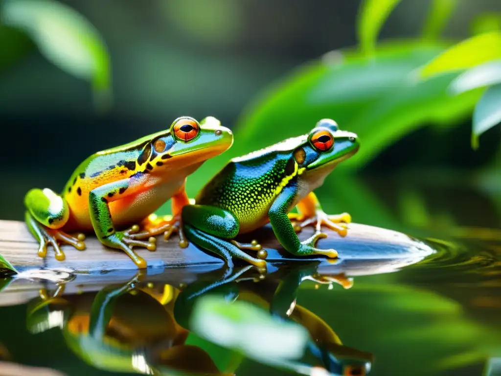 Grupo de anfibios coloridos en su hábitat natural, con vegetación vibrante y agua clara