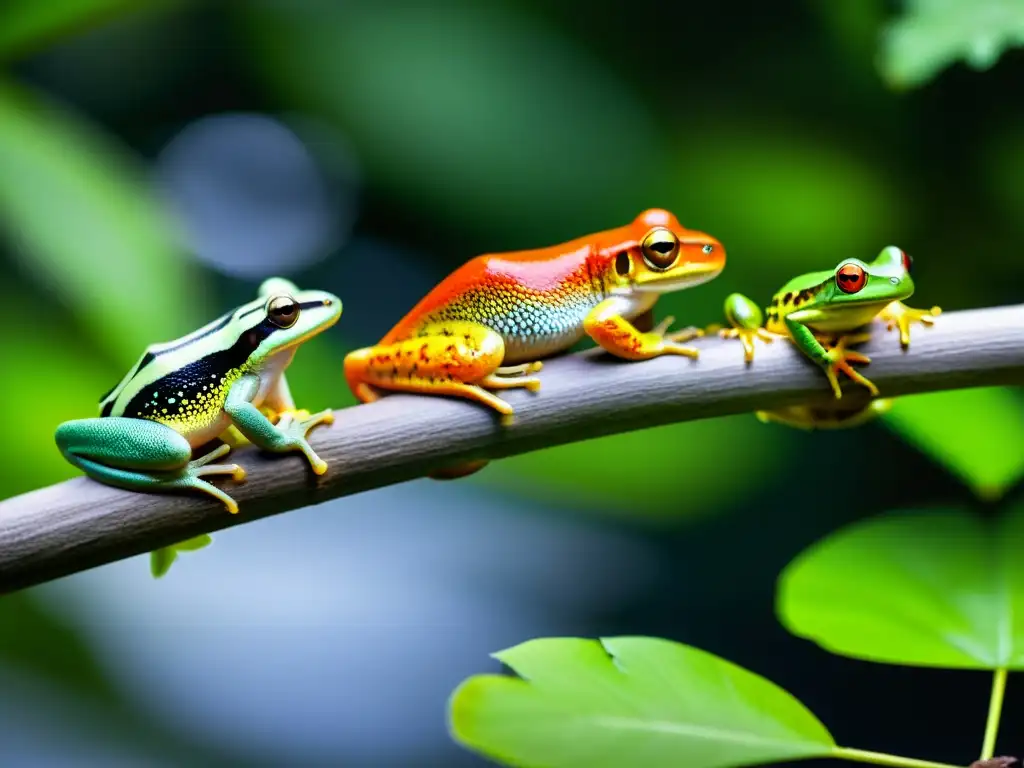 Grupo de anfibios diversos en su hábitat natural, destacando adaptación al cambio climático