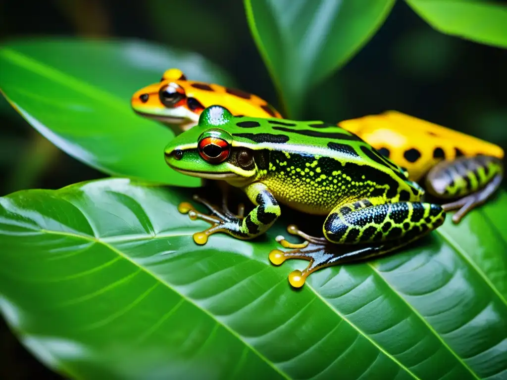 Grupo de anfibios en exuberante hábitat tropical, mostrando su camuflaje