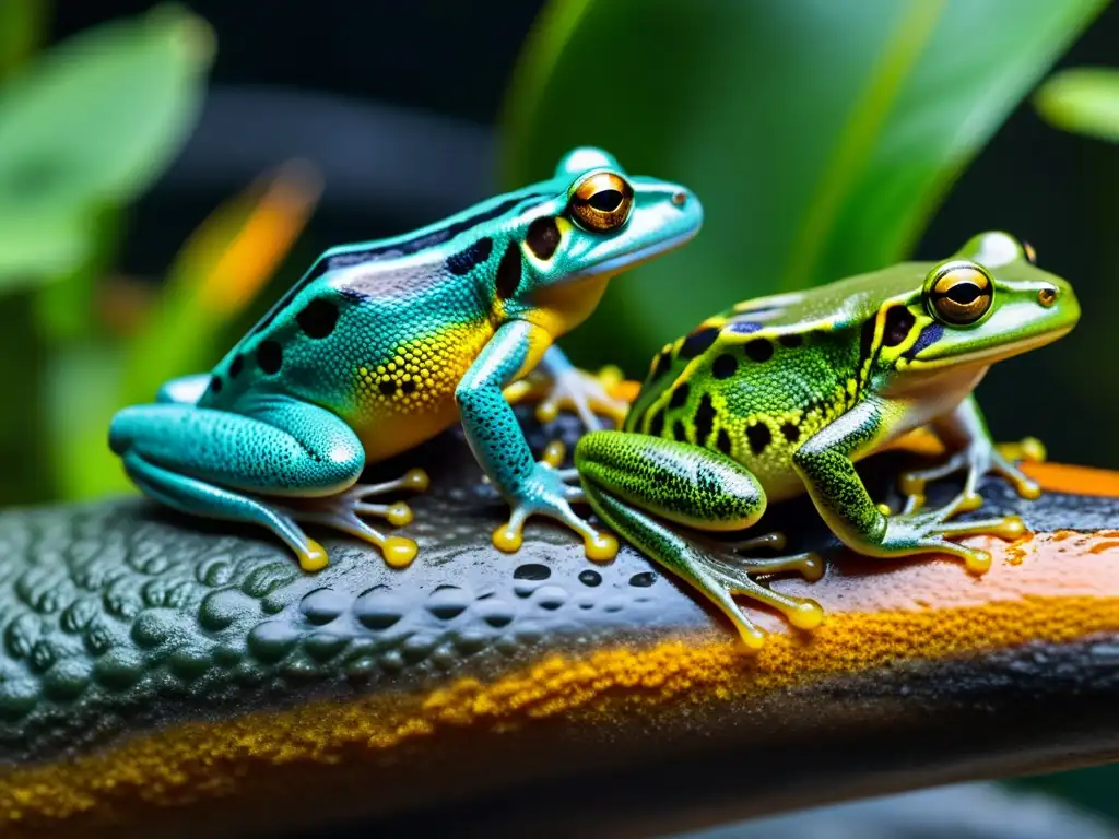Vibrante biodiversidad: Anfibios en su hábitat natural Un grupo de anfibios en su hábitat natural, con sus texturas y colores únicos en detalle