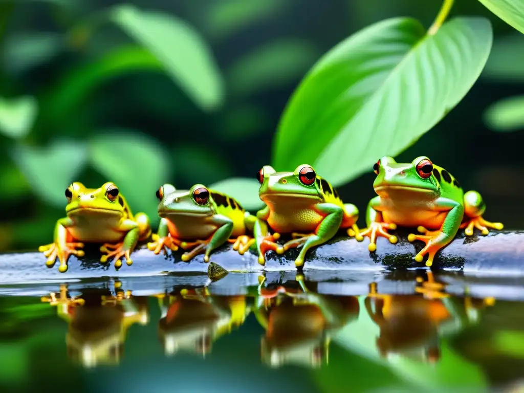 Grupo de anfibios en su hábitat natural, resaltando su belleza y la importancia de protegerlos