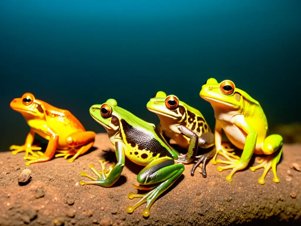 Grupo de anfibios en su hábitat nocturno capturados con cámaras térmicas, mostrando su comportamiento nocturno