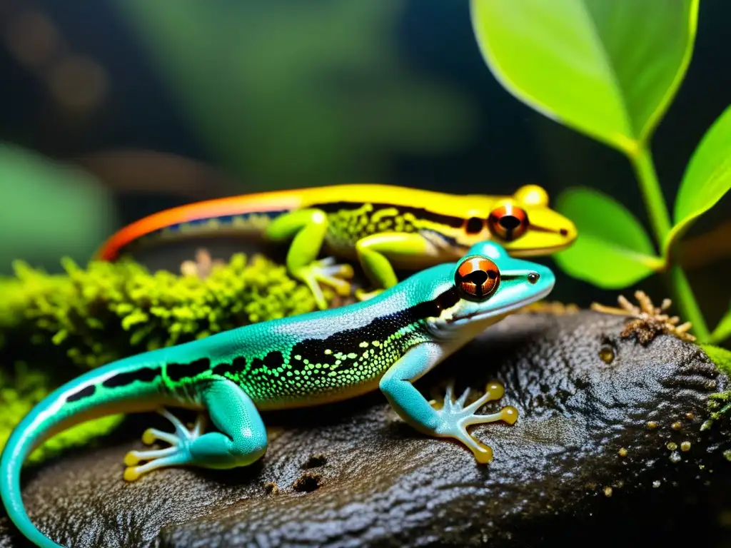 Grupo de anfibios invasores en hábitat natural, destacando el contraste de colores vibrantes