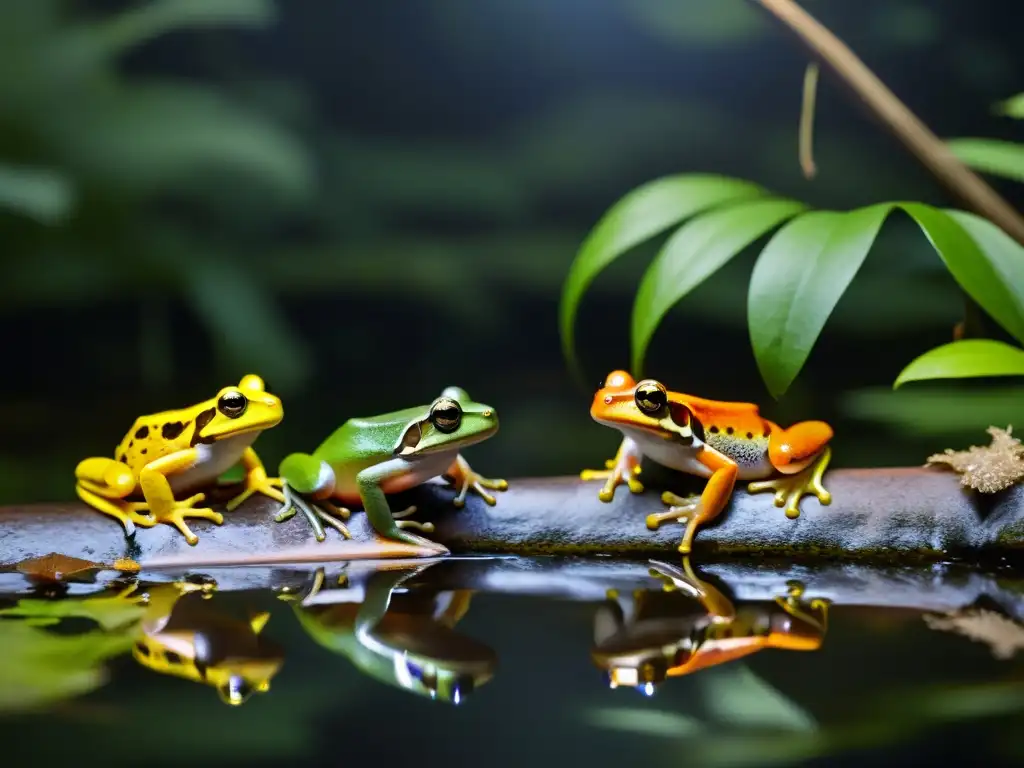 Grupo de anfibios nocturnos en un bosque iluminado por la luna, resaltando la importancia ecológica de sus hábitos nocturnos