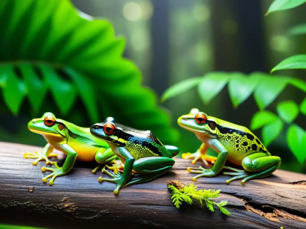 Un grupo de anfibios en hábitat de la selva muestra signos de estrés por calor, resaltando la importancia de la termorregulación en anfibios