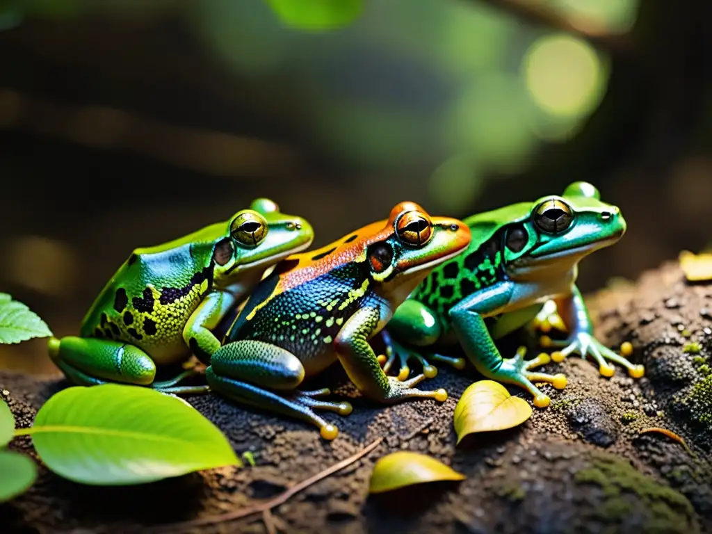 Grupo de anfibios en bosque húmedo, mostrando señales de estrés