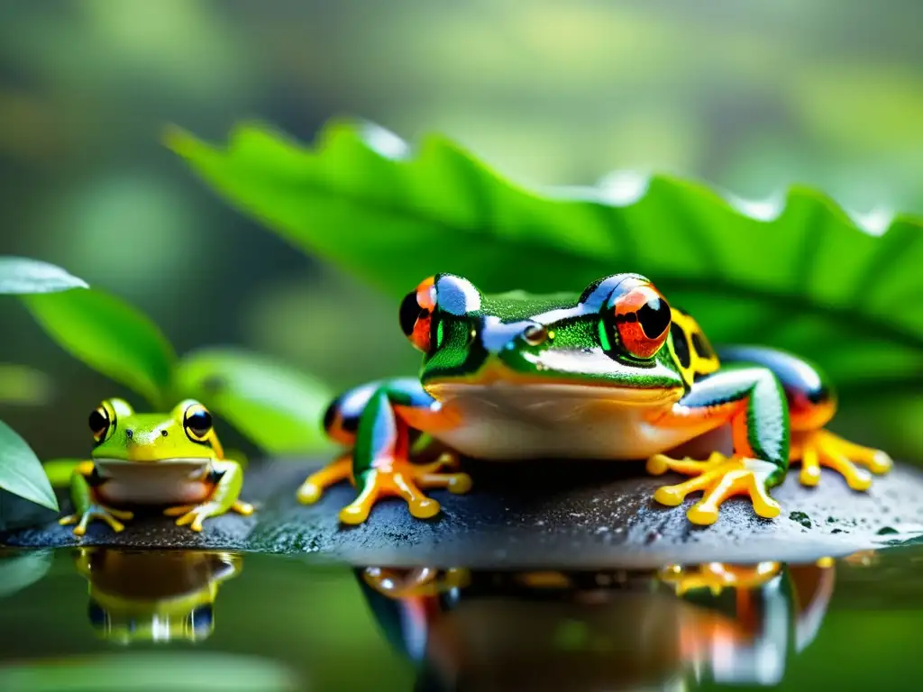 Un grupo de anfibios vibrantes y diversos en su hábitat natural, rodeados de exuberante vegetación y agua brillante