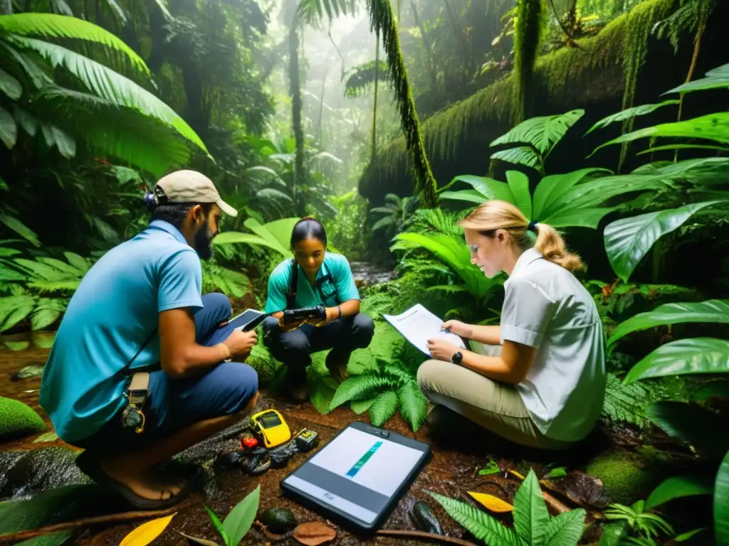 Un grupo apasionado de herpetólogos realiza un estudio de reptiles y anfibios en una exuberante selva tropical