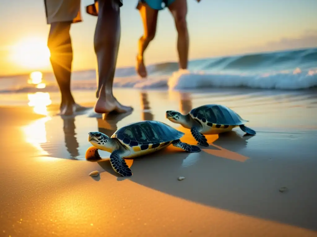 Grupo de biólogos marinos liberando tortugas marinas al atardecer