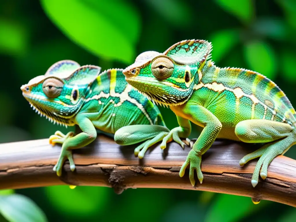 Grupo de camaleones verdes en la selva, con detalles nítidos y juego de luz y color