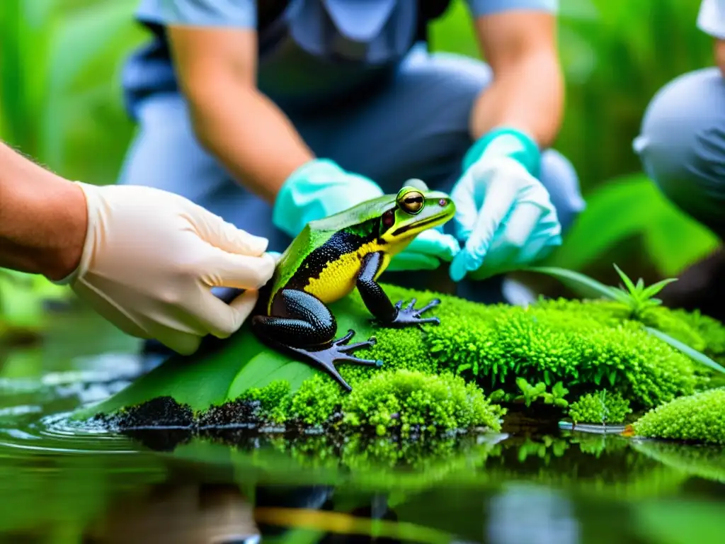 Grupo de científicos libera cuidadosamente anfibios en hábitat húmedo, resaltando la importancia de la diversidad genética en la reintroducción de anfibios