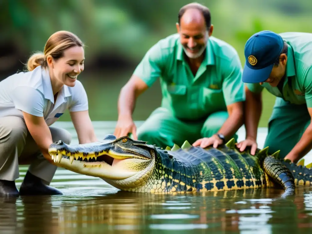 Un grupo de científicos y conservacionistas liberan con cuidado a un cocodrilo rehabilitado en su hábitat natural