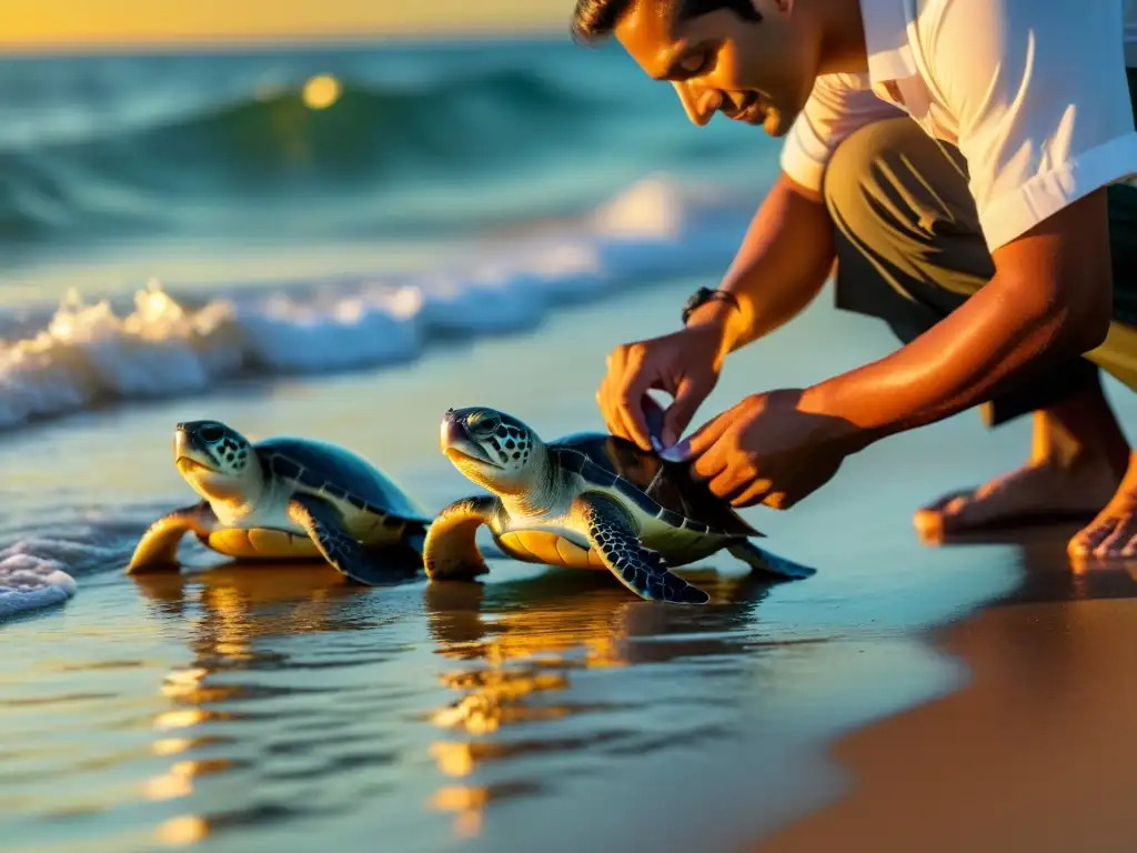 Grupo de científicos liberando crías de tortugas al mar al atardecer, simbolizando desafíos en la conservación de tortugas para el futuro