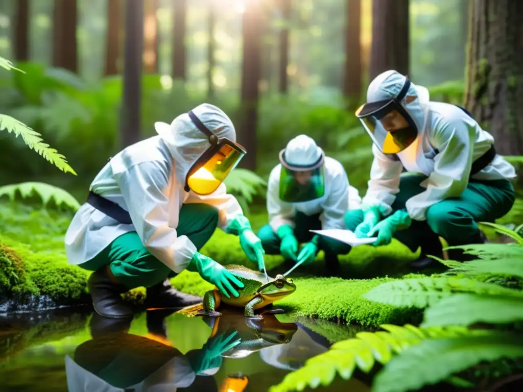 Un grupo de científicos liberando con cuidado a un lote de jóvenes anfibios en un exuberante bosque, mientras llevan equipo de protección y toman notas detalladas sobre su comportamiento y entorno