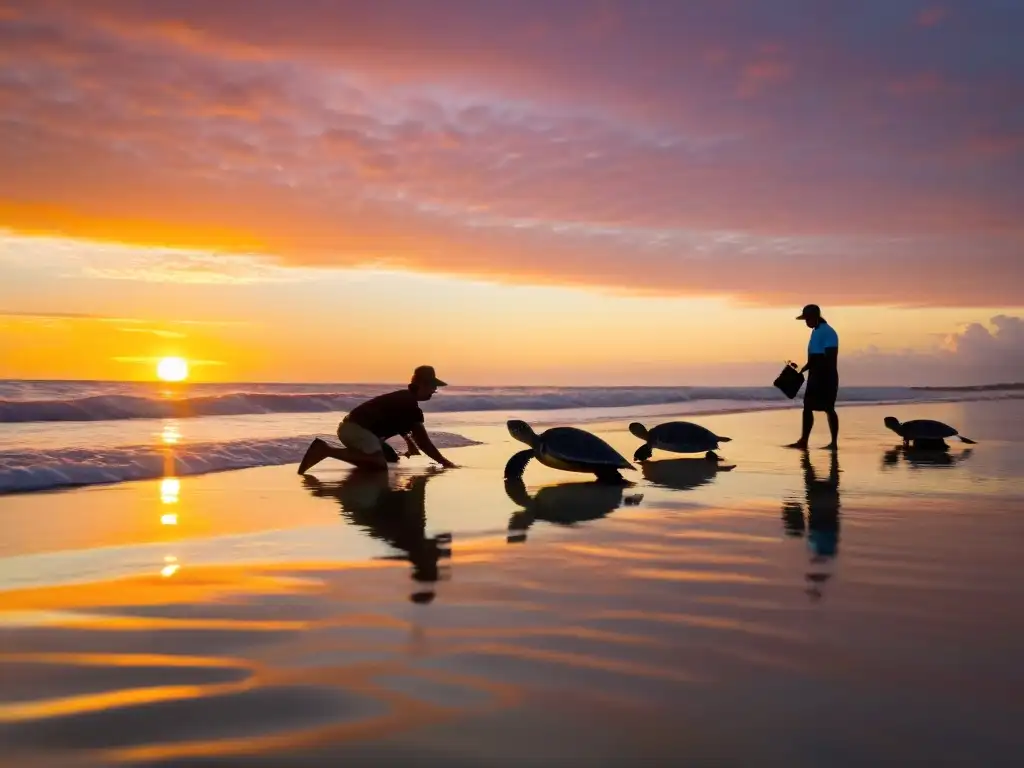 Grupo de científicos liberando con cuidado crías de tortugas marinas en peligro al atardecer, reflejando el cielo vibrante sobre el agua