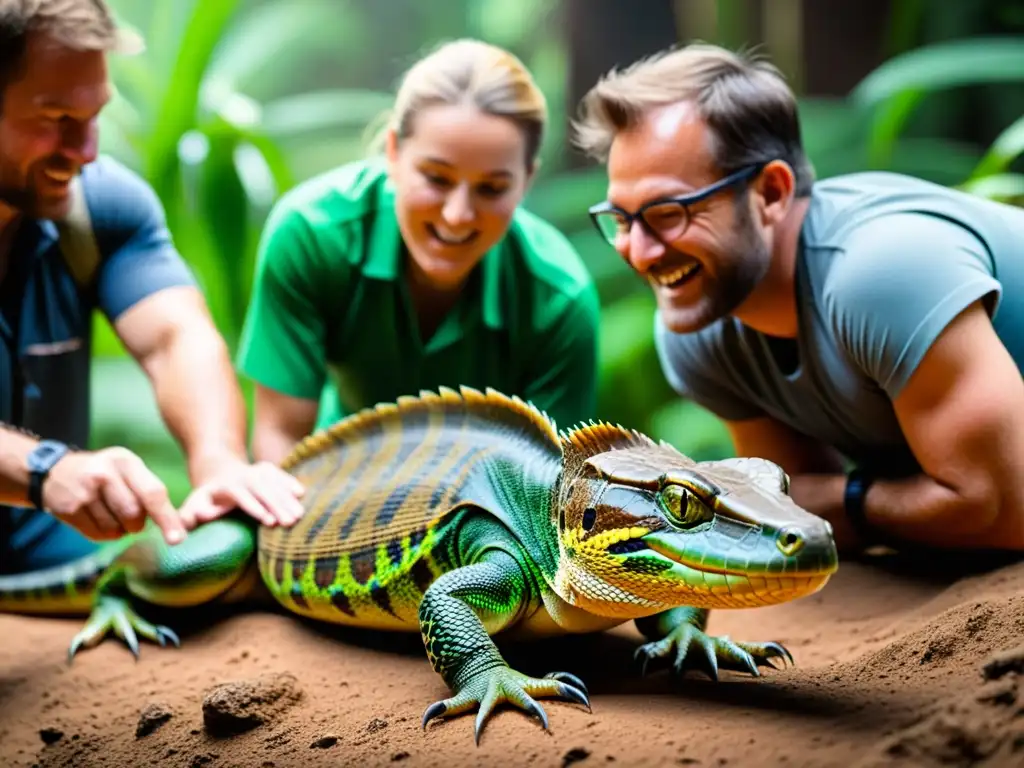 Grupo de científicos midiendo una especie de reptil masivo