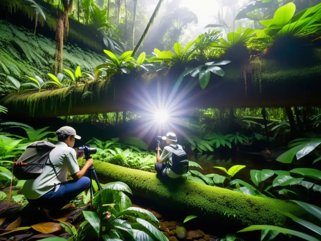 Un grupo de científicos realiza grabaciones de campo de llamadas de anfibios en una exuberante selva, en un entorno cálido y vibrante