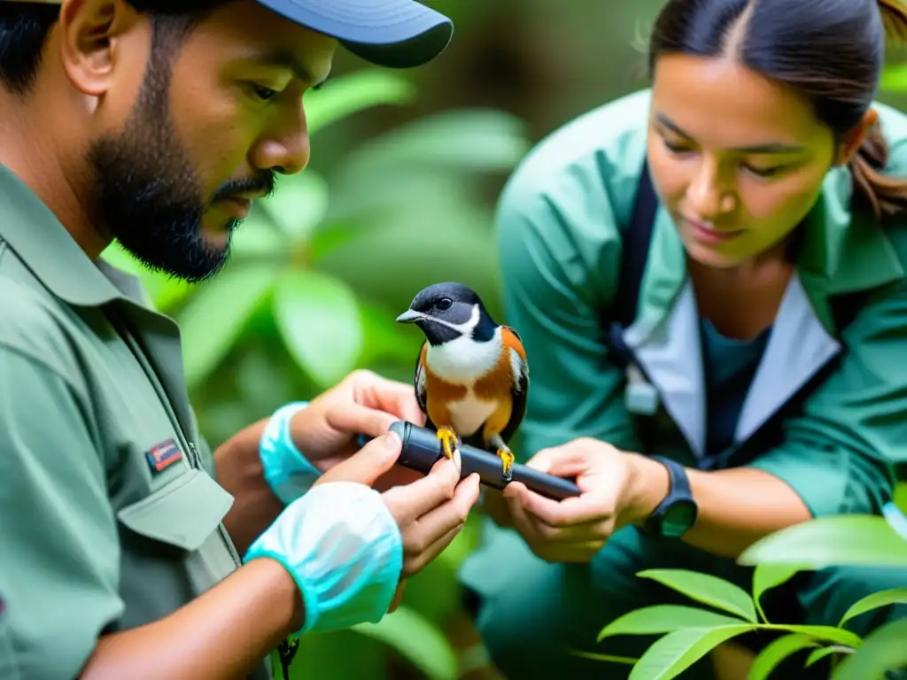 Grupo de científicos usando herramientas innovadoras para monitoreo de especies peligro, en entorno natural exuberante