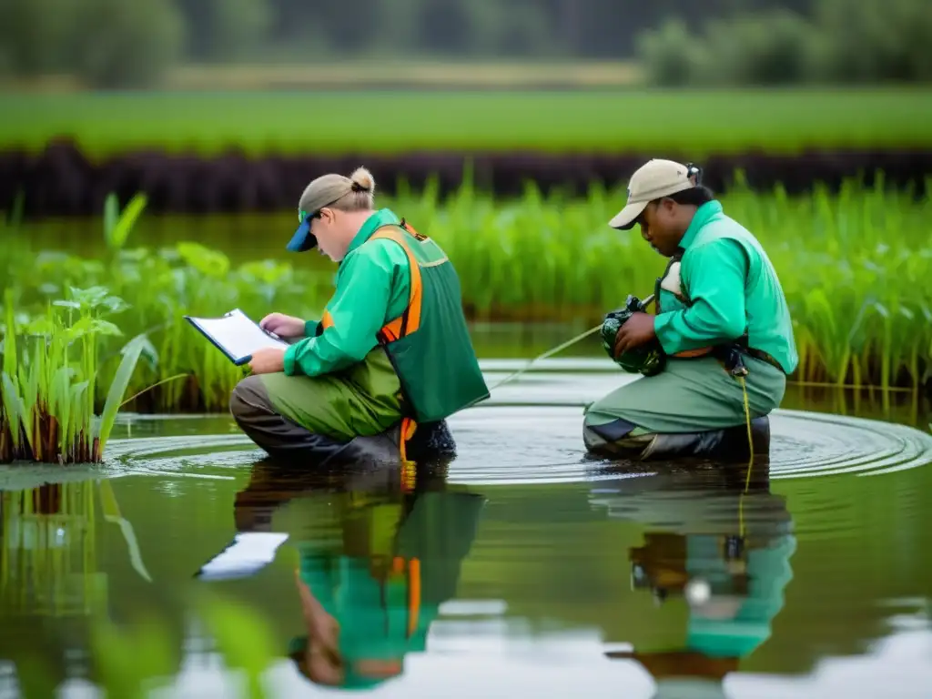 Un grupo de científicos en un humedal capturando y estudiando ranas toro invasoras, rodeados de densa vegetación y agua turbia