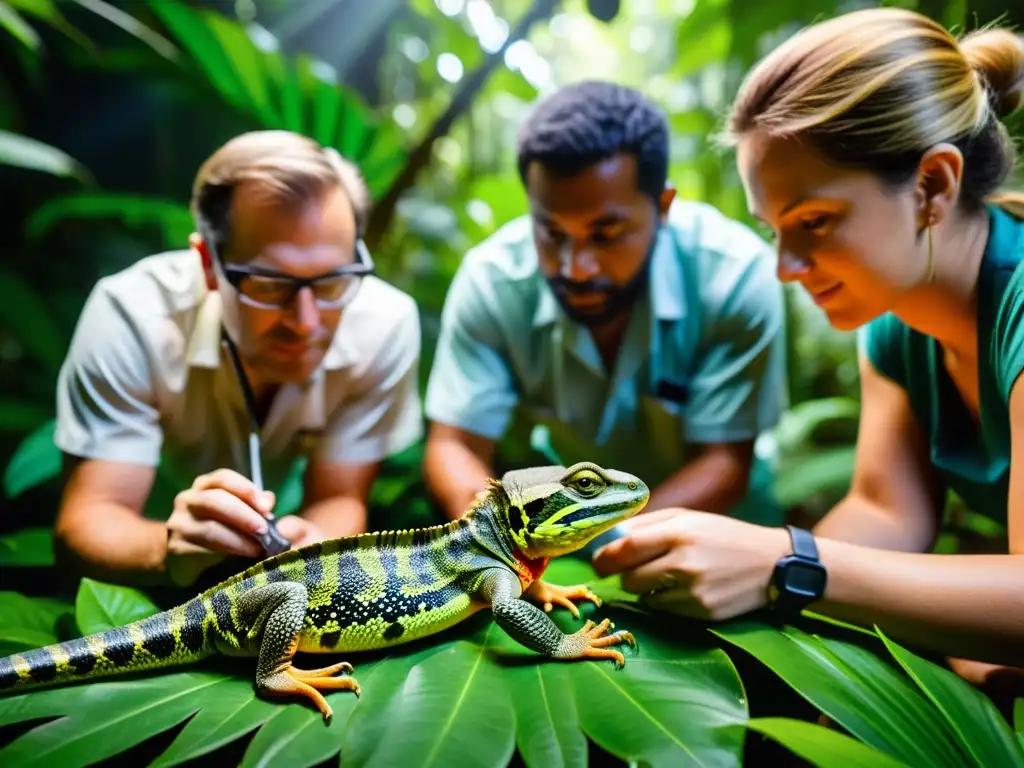 Grupo de científicos protegiendo reptiles en selva tropical, luchando contra cambio climático