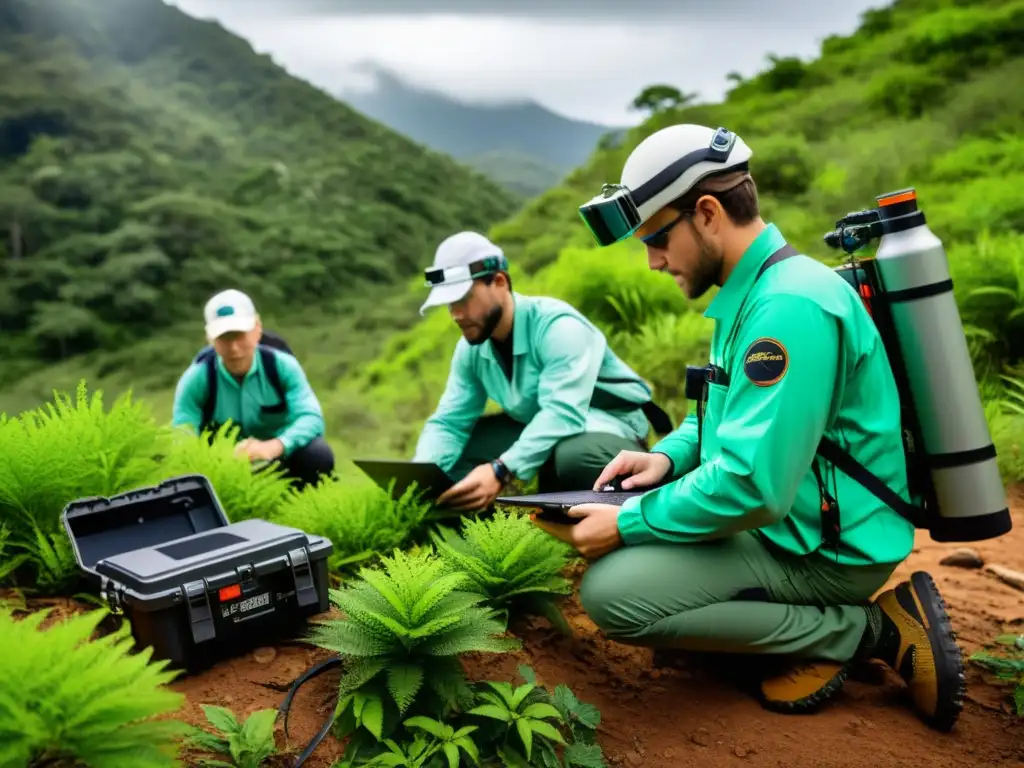 Grupo de científicos usando tecnología avanzada para conservación de reptiles en su hábitat natural