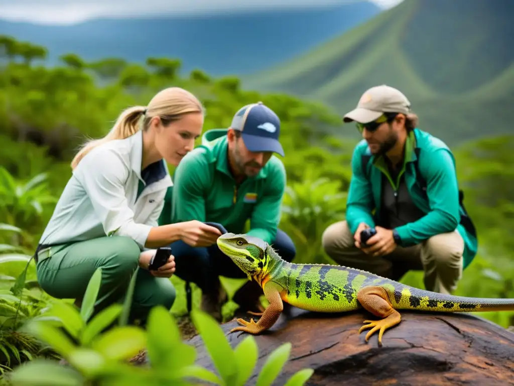 Grupo de científicos usando tecnología para el seguimiento de reptiles reintroducidos en su hábitat natural, mostrando precisión y expertise