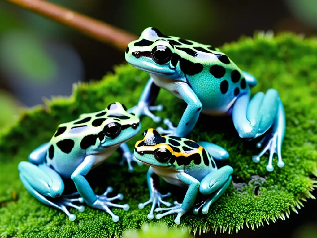 Un grupo de coloridas ranas venenosas descansa sobre musgo verde vibrante