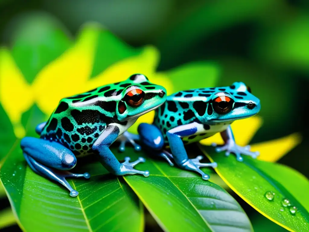 Un grupo de coloridas ranas venenosas descansa en hojas verdes en su hábitat natural en la selva