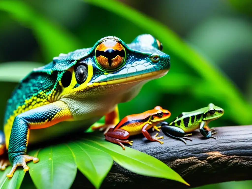 Un grupo colorido de reptiles y anfibios se desplaza en la exuberante selva, mostrando la influencia de los cambios climáticos en su hábitat