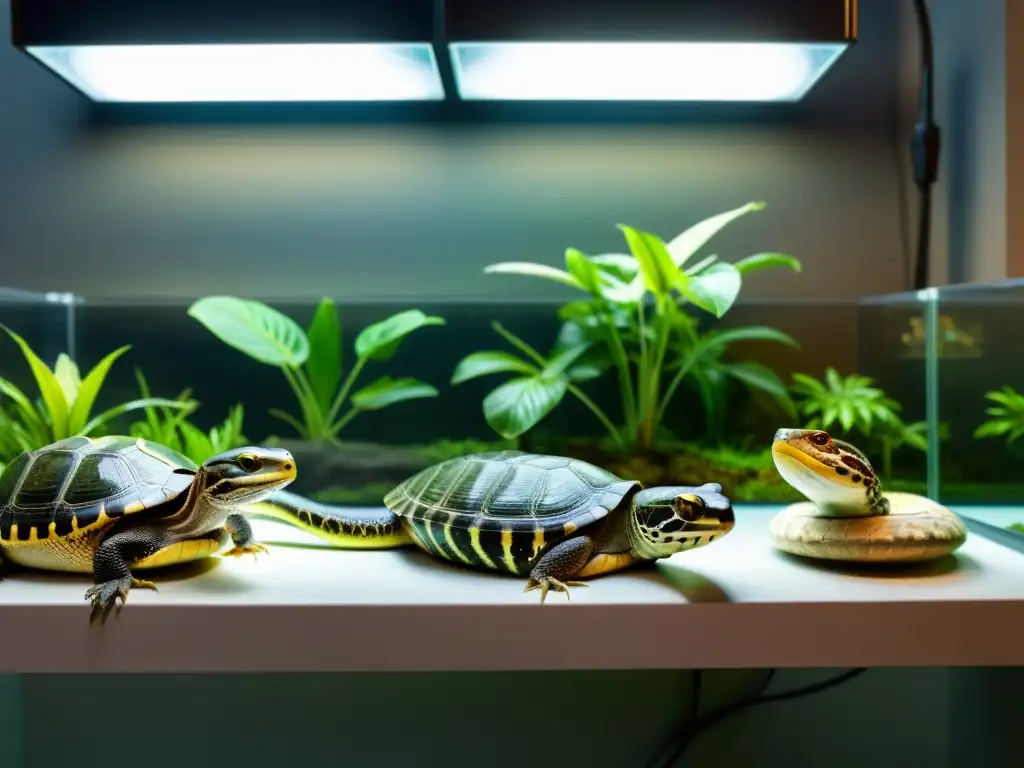 Grupo de reptiles basking bajo iluminación LED, mostrando su comportamiento y el impacto de la iluminación LED en reptiles