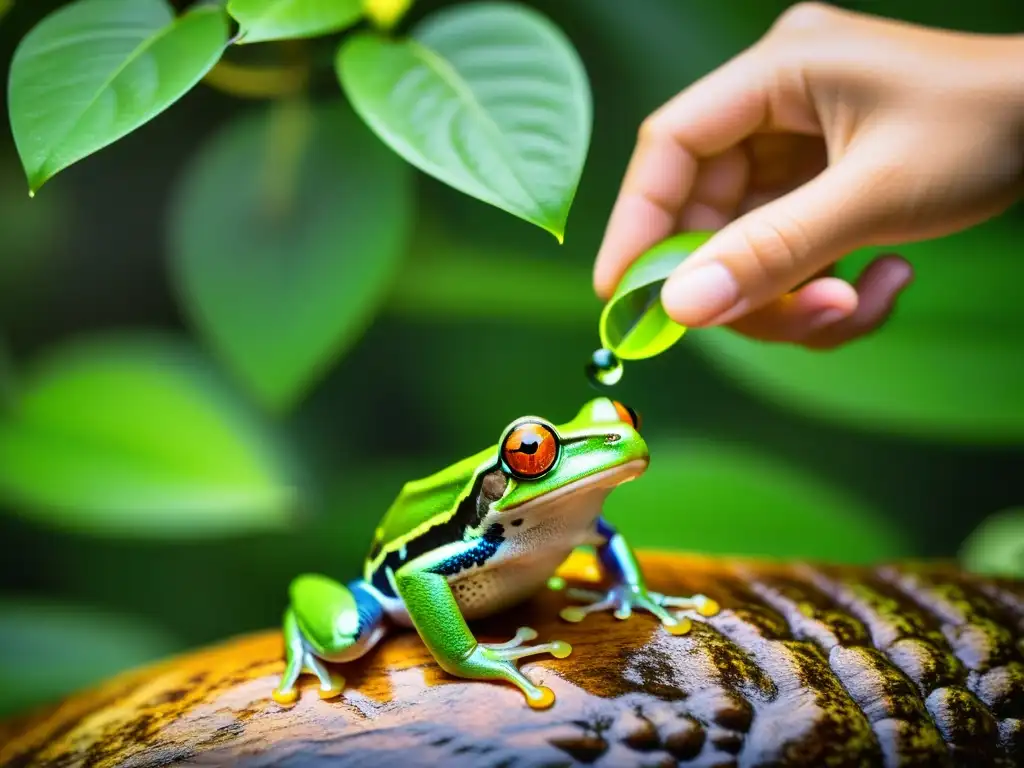 Grupo de conservacionistas juveniles liberando cuidadosamente ranas verdes en su hábitat natural