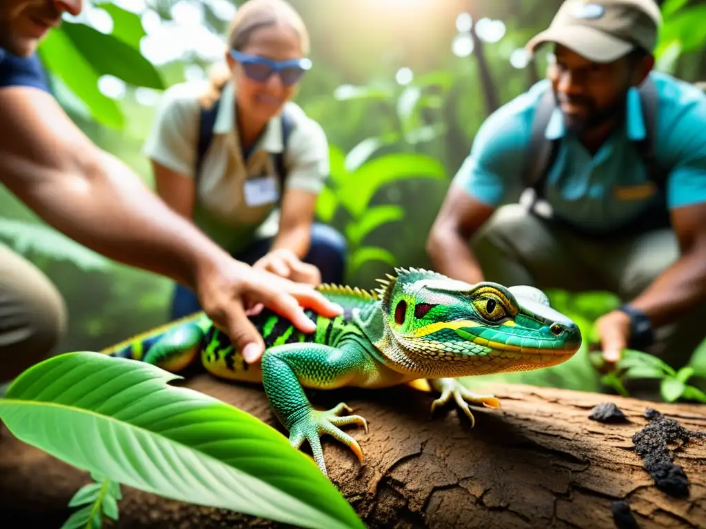 Un grupo de biólogos libera con cuidado reptiles en peligro de extinción en su hábitat natural, mostrando determinación y esperanza en la conservación ética de la reintroducción de reptiles