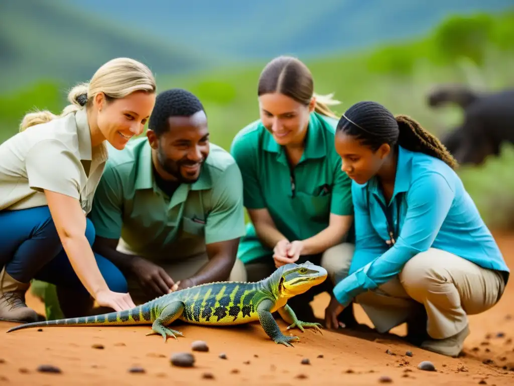 Grupo diverso de ecologistas y educadores examinando reptiles en su hábitat natural, como indicadores ambientales