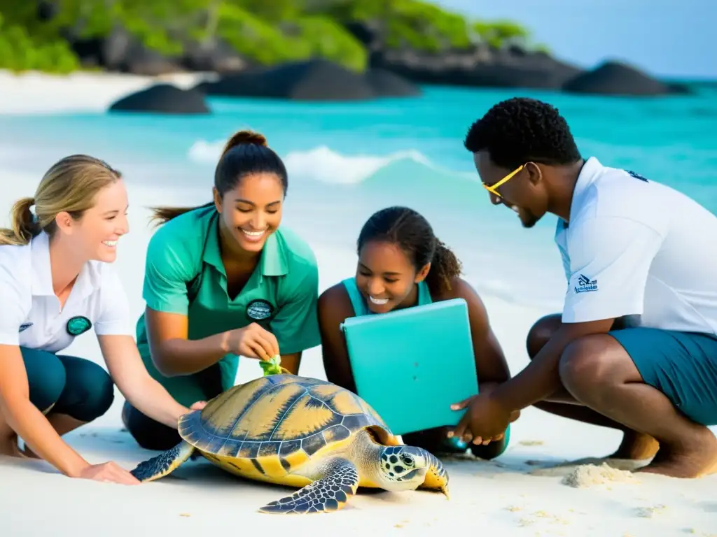 Un grupo diverso de estudiantes observa atentamente a un científico que libera una tortuga marina etiquetada en el océano