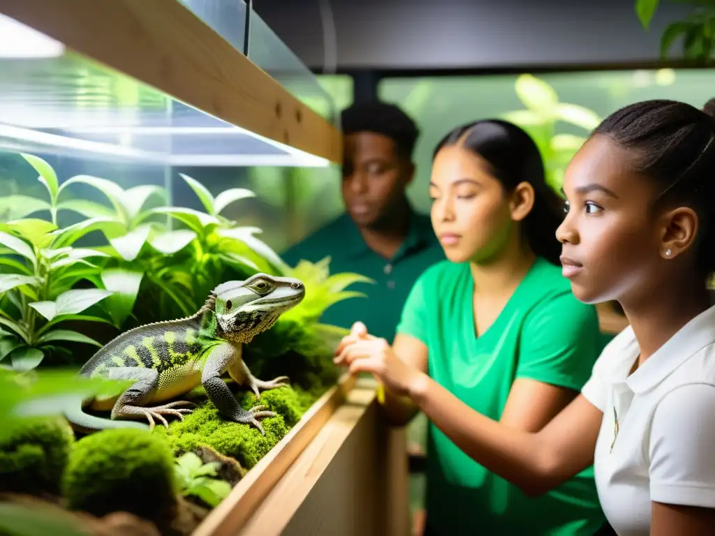 Un grupo diverso de estudiantes y educadores observa con asombro reptiles en un vivario lleno de vegetación exuberante