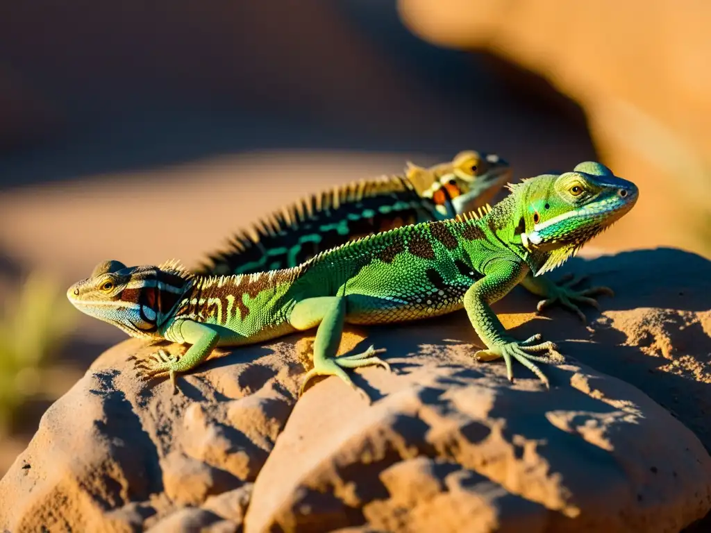 Un grupo diverso de lagartos toma el sol en un gran roca en un hábitat desértico, destacando la belleza natural y la relación con el cambio climático